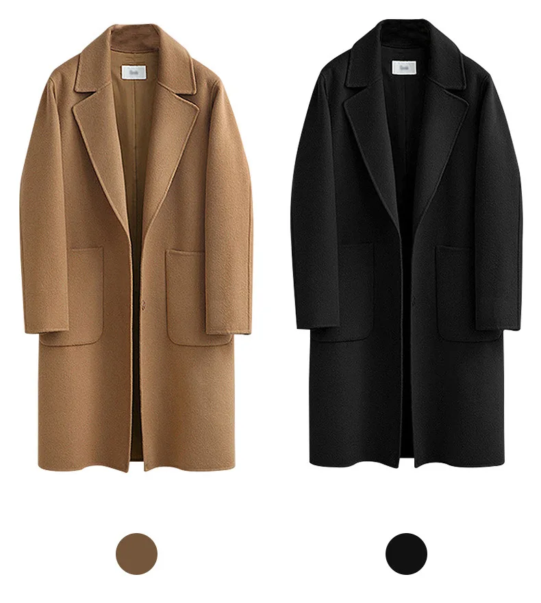 

2019 Winter Black Coat For Women Wide Lapel Pocket Woollen Cloth & Polyester Wool Blend Coat Oversize Long Trench Coats Outwear
