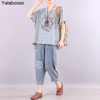 

Two Piece Suit For Women Thin Sets New Style 2020 Summer Simple Vintage Stripe Embroidery Short Sleeve Loose Leisure Sports