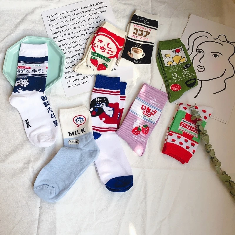 5 пар в наборе, женские персональные носки Harajuku с рисунком фруктов и напитков, женские повседневные носки, подарок на год, модные удобные носки