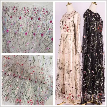 

Black white with floral embroidery mesh lace fabric for wedding party dress lace tissue tela tejido for sewing