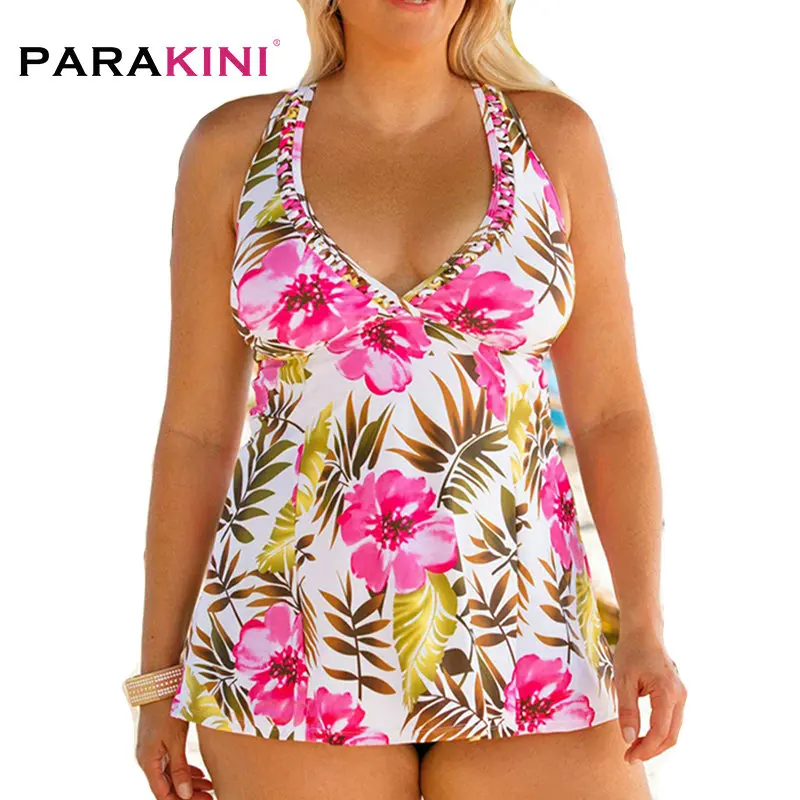

PARAKINI 2020 Plus Size Tankini Swim dress Floral print Swimsuit Two Piece Lace Up Halter Push Up Swimsuit Large Size Swimwear