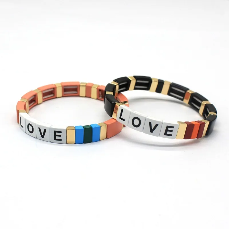 Браслет в богемном стиле с надписью LOVE Rainbow Tile, цветная металлическая манжета, браслет для женщин, подарок, браслет на запястье