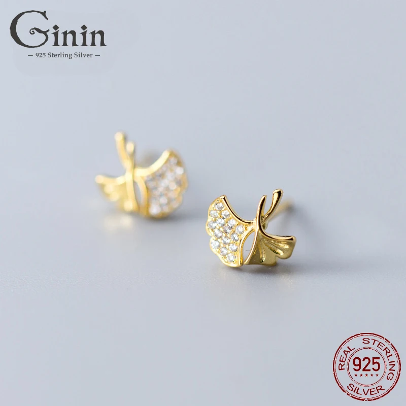 

Ginin 925 Sterling Silver Stud Earrings Women's Korean-Style Fashion Gold-Plated Leaves Ginkgo Leaf Diamond-Embedded Ear Jewelry