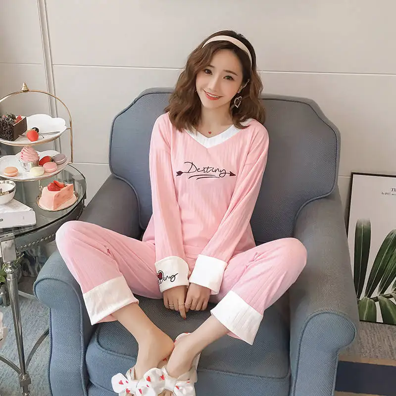 

2019 Autumn Women's Pajamas Sets Print Fashion Two Pieces Cotton Nightwear Sets Autumn Pajamas Women Pyjamas