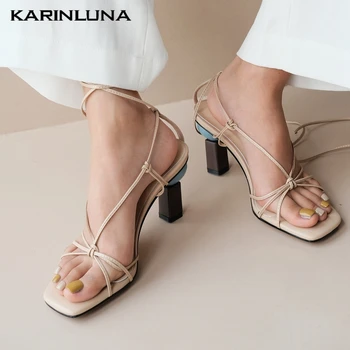 

KarinLuna 2020 New Fashion Genuine Leather Women Sandals Strange Style Heel Peep Toe Narrow Band Pumps Summer Casual Woman Shoes