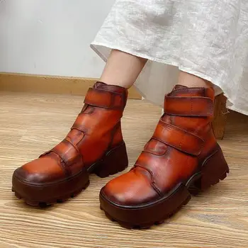 

2020 New Winter Warm Shoes Women Boots Genuine Leather Hook & Loop Round Toe Handmade Vintage Leisure Ankle Platform Boots Mujer