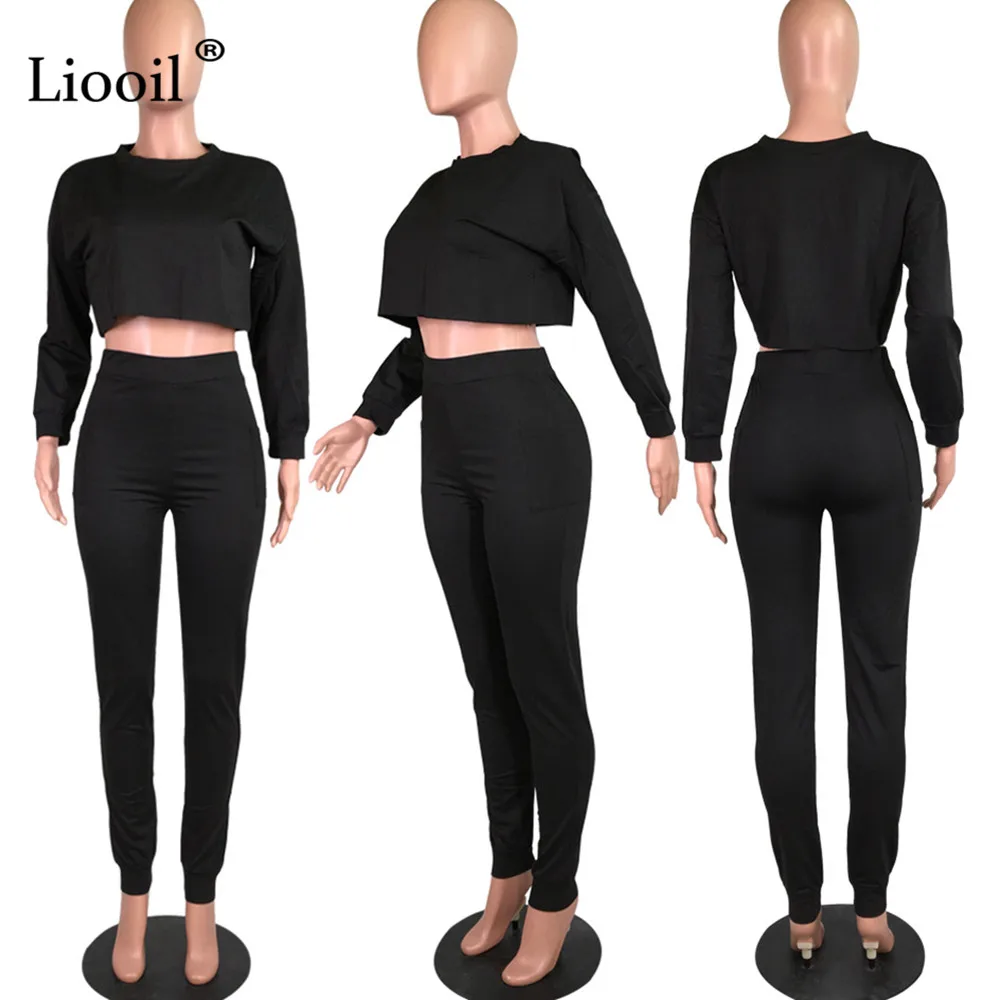 Liooil женский спортивный костюм из двух частей, сексуальная одежда, осень, длинный рукав, круглый вырез, Свободный свитшот, обтягивающие длинные брюки, джоггеры, костюм, наборы