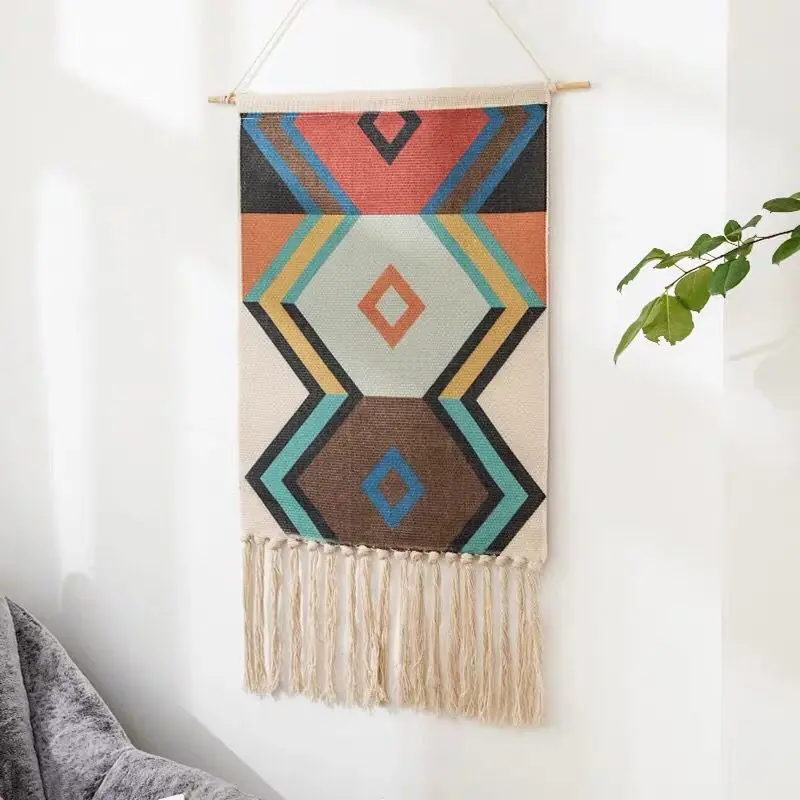 Tapestry Bohemian Cotton Linen Tapestry with Tassel Handmade Nodic Style Home Decor Geometric Wall Door Decor Hanging