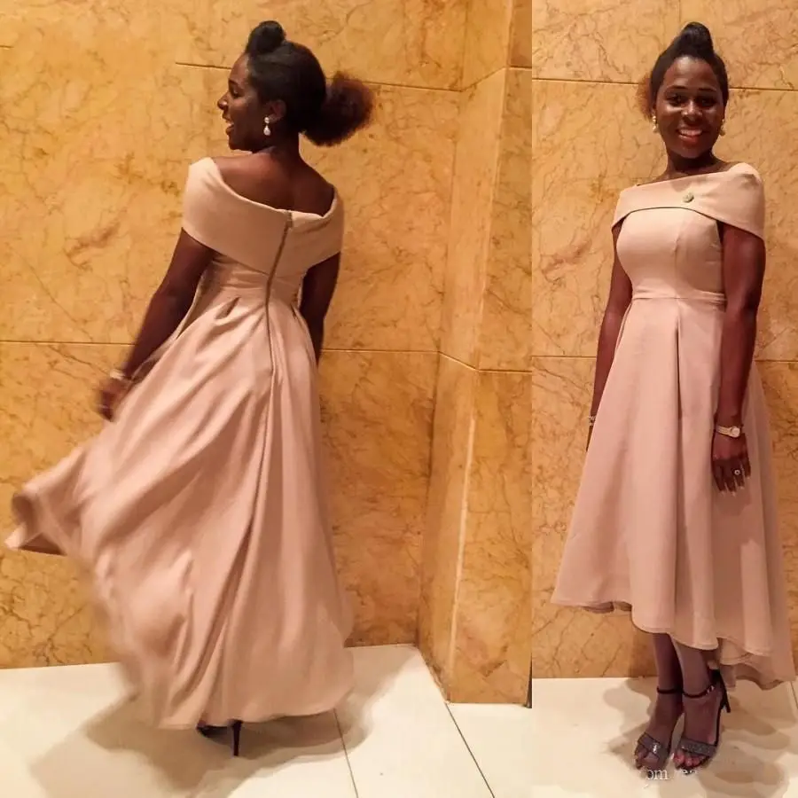 2018 New High Low Asymmetric Tea Length Evening Dresses Boat Neck Cap Sleeves Top Formal African Girls Prom Party Gowns Cheap