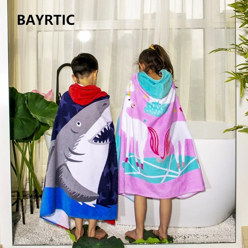 

Children's Cartoon Beach Towel Bathroom Swimming Concealed Button Can Wear Pure Cotton Soft Absorbent Hooded Bath Towel Bathrobe