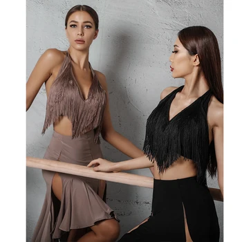 

Summer Sexy Dancing Tops Latin Dance Practice Performance Clothing Fringes Tops Tassels Backless Women Rumba Samba Costume BI750