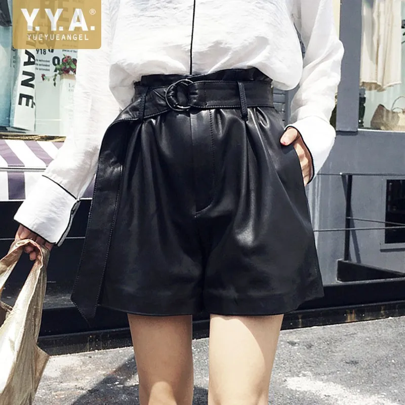 

High Waist Shorts Women Punk Belted Loose Wide Leg Short Feminino Luxury Sheepskin Genuine Leather Shorts Streetwear Trousers