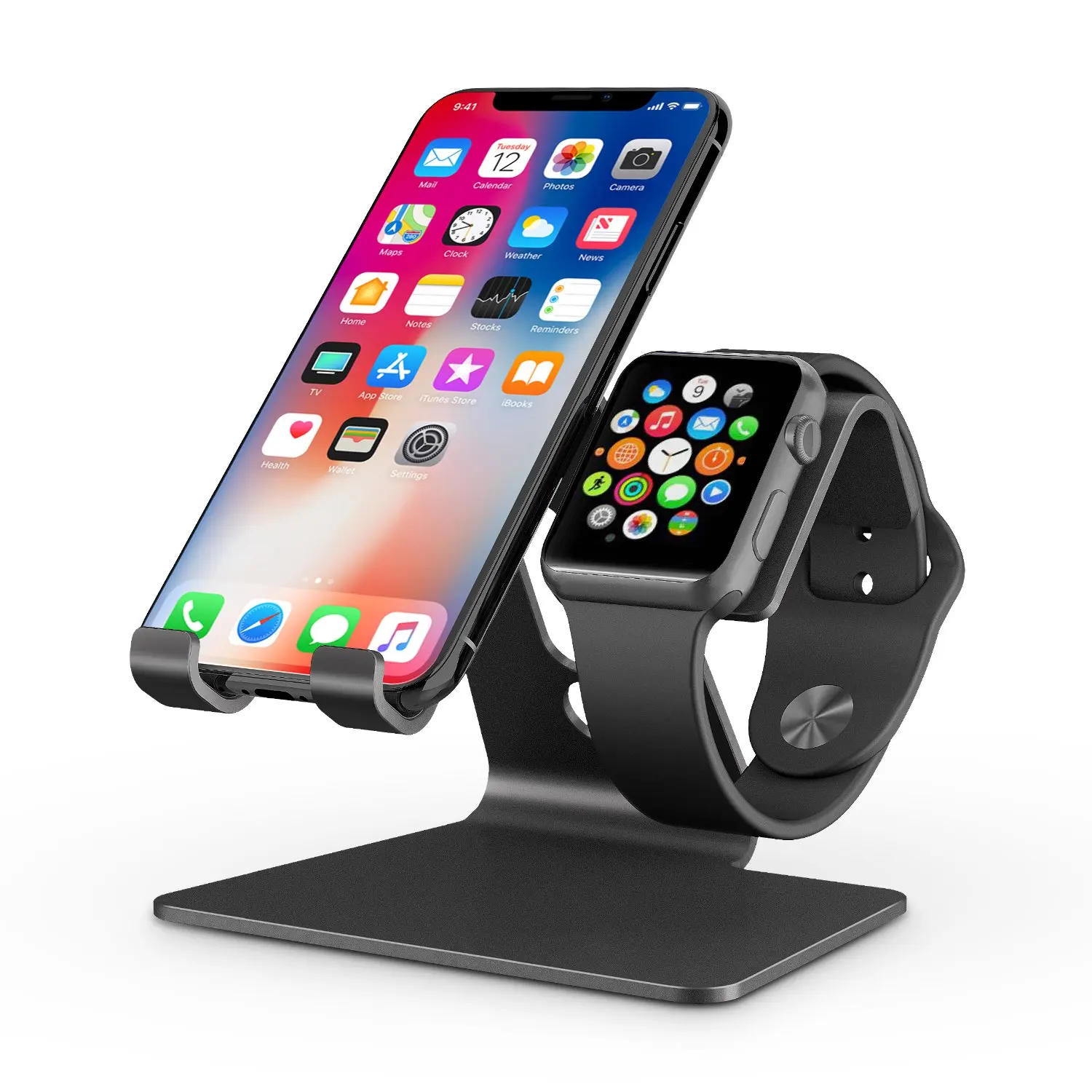 Apple Watch Stand, OMOTON 2 в 1 универсальный настольный держатель для iPhone и Apple Watch(как 38 мм/40 мм/42 мм/44 мм)(черный