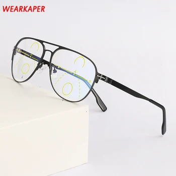 

WEARKAPER Metal Titanium Multifocal Reading Glasses Progressive Anti Blue Ray UV Protect Presbyopic Glasses Half Frame Men Women