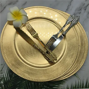 

Wholesale dinner 13 inch gold plastic beaded charger plates Elegent Pearl dish Decorative Salad Wedding Christmas salver