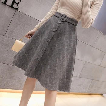 

Autumn Winter Long Midi A-line Plaid Skirts Womens High Waisted Button Pleated Skirt Elegant Lady Office Woolen Faldas Mujer
