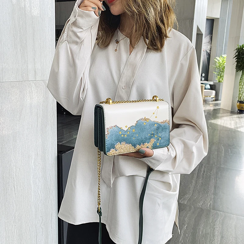 Новая роскошная маленькая сумка на цепочке Женская мода Созвездие pu Наплечная Сумка; трендовая дикая цепь женская маленькая квадратная сумка