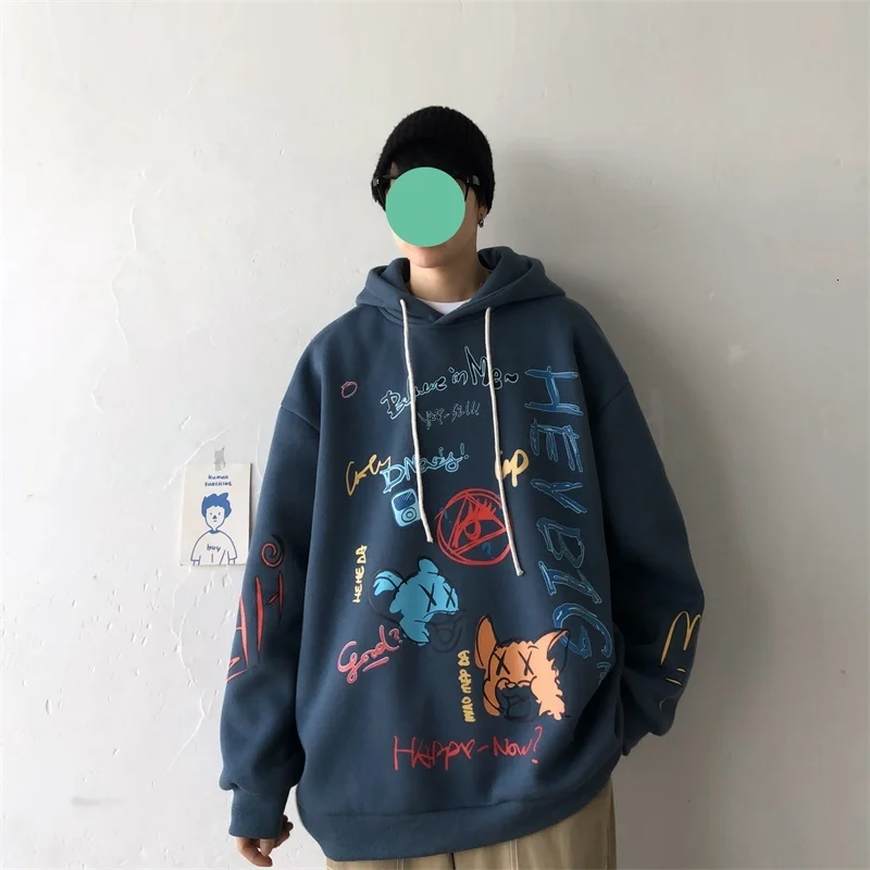 navy blue Мужские свободные пальто, хлопковая одежда с принтом для влюбленных, Мужской пуловер, толстовки с капюшоном, повседневные высококачественные толстовки 4 цветов, M-2XL - Цвет: navy blue
