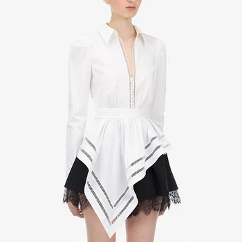 

High Quality 2019 Women White Hollow Out Blouse Self Portrait Elegant Irregular Chic Tops Vintage Turn-down Collar Female Blouse