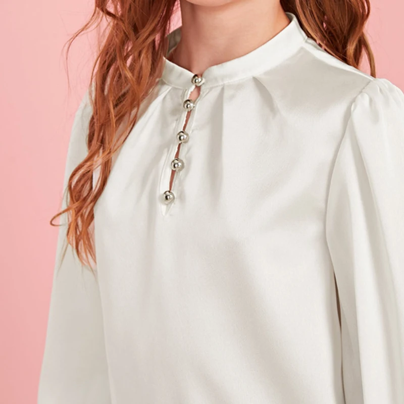 SHEIN/детская белая сатиновая блузка на пуговицах с рукавами-фонариками для девочек; рубашка; топы для детей; коллекция года; Осенние повседневные блузки с длинными рукавами