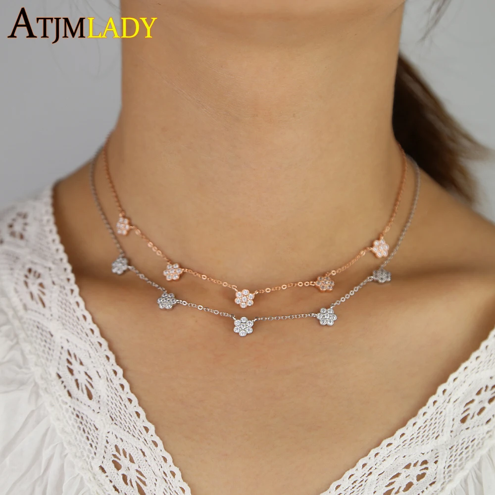925 sterling silver minimal dainty cz cute flower charm choker chain necklace rose gold silver color women fashion jewelry