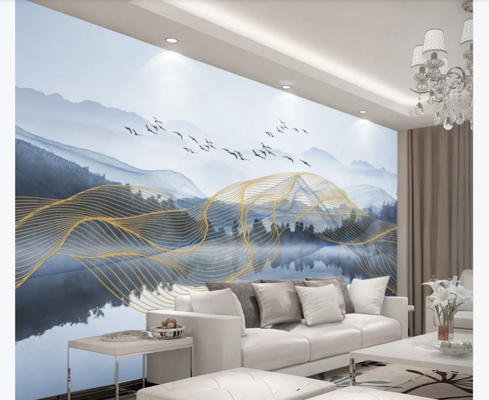 Custom wallpaper mural new Chinese abstract light luxury mood golden landscape background wall- waterproof material