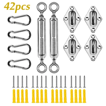 

42PCS Sun Shade Sail Kit Stainless Steel Canopy Fixing Hardware Hook Screw Carabiner Clip For Triple-Cornered Shade Sails