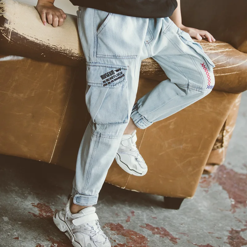 Spring Fashion Baby Boys worker jeans Good Qualtiy Kids Denim Full Pants for boy Child Cowboy Jeans Pants Cool Design - Цвет: Light colour