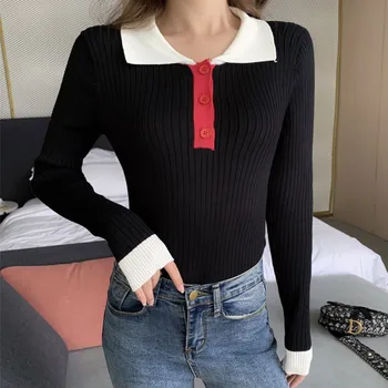 

Autumn Winter Harajuku Slim Bottom Knit Sweater Women Sweater Solid Color Slim Long-Sleeved Lapel Button Bottoming Knitwear