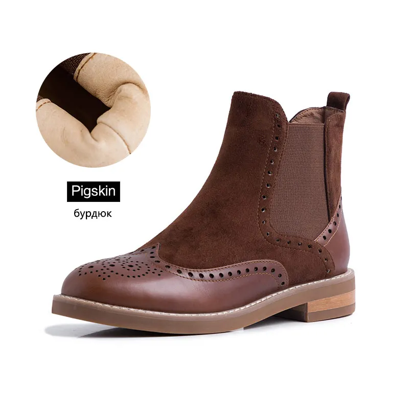Brown pigskin Donna-in/эластичные ботинки «Челси» из натуральной кожи; женская замшевая обувь ручной работы с перфорацией типа «броги»; женская обувь без шнуровки; ботильоны на низком каблуке - Цвет: Brown pigskin