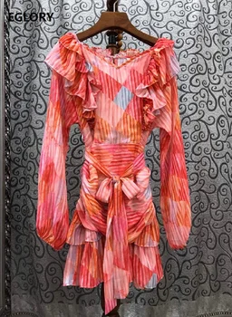 

New Arrival Dress 2020 Summer Sexy Club Dress Women V-Neck Graidient Color Print Ruffle Patchwork Long Sleeve Purple Red Dress