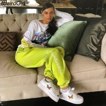 Weirdgirl Женские повседневные штаны с буквенным принтом хлопковые длинные штаны-шаровары с высокой талией эластичные штаны спортивные брюки новые осенние