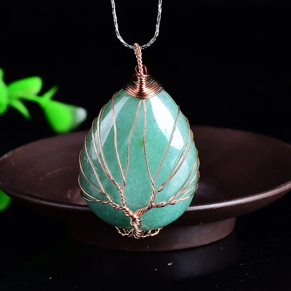 Aventurine 1 шт. натуральный кристалл Древо жизни кулон модный простой розовый кварц минеральные ювелирные изделия Аметист для мужчин и женщин ювелирные изделия DIY подарок - Цвет: Aventurine