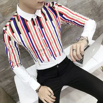 

Stripe Print men shitr Fashion 2018 New Autumn Men Shirt Long Sleeve Korea Slim Fit Casual Night Club Party Dress Shirts Male