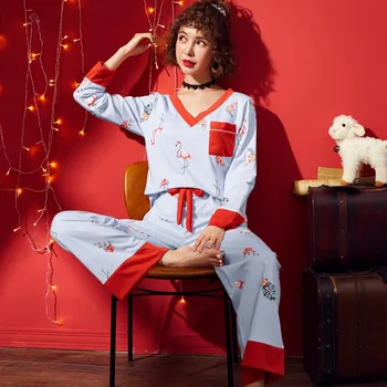

100% Cotton V-neck Pajama Sets for Women 2020 Spring Autumn Long Sleeve Sleepwear Femme Loungewear Homewear Pijama Mujer Clothes