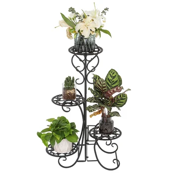 

4 Potted Rounded Flower Metal Shelves Plant Pot Stand Decoration for Indoor Outdoor Garden Black Garden Flower Pot Shelf