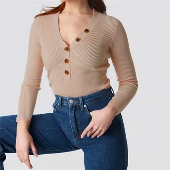 

Spring Fashion Cute Slim Solid Color Single-breasted Long Sleeve SML XL V-neck Lady Pullovers Woman Casual Knitwear Sweaters