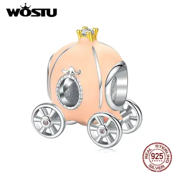 

WOSTU 925 Sterling Silver Pink pumpkin Cart Beads Zircon Charms Fit Original Bracelet Pendant Halloween Fashion Jewelry DAC135