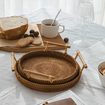 

Rattan Dessert Plate Round Serving Tray with Handle Coffee Bread Plates Desserts Ftuit Food Organizer Platter Home Table Decor