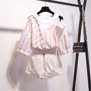 

2020 Summer Girl Elegant Off Shoulder Stripe Patchwork blouse+Ripped Holes Denim Short Pants 2 Pieces Set Female Sweet Pants Set
