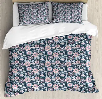 

Floral Duvet Cover Set Flowers Hand Drawn Composition 3 Piece Bedding Set Dark Slate Blue Pastel Pink and Blue Grey