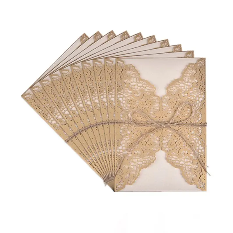  10pcs/set Hollow Lace Wedding Party Invitation Cards With Kraft Paper Inner Sheet Envelopes Hemp Ro - 4000576011339