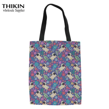 

THIKIN Women's Shopping Bags Kawaii Pug Flower Printing Foldable Shopper Bags for Teenagers Large Canvas Tote Bag Girls Book Bag
