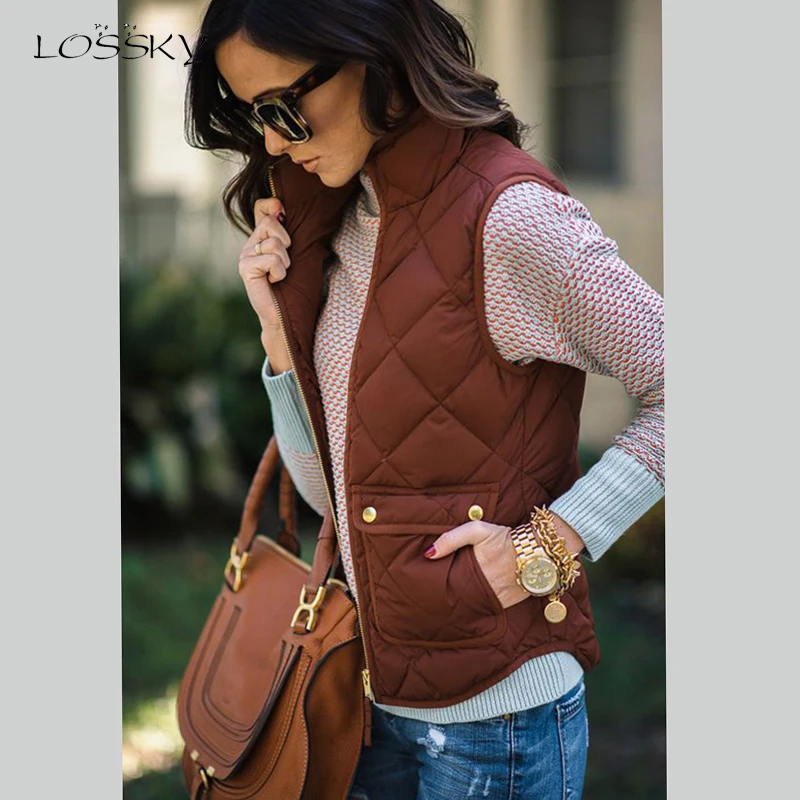 

Lossky Women Vest Autumn Stand Collar Pocket Sleeveless Jacket Fashion Bodywarmer Tank Cardigan Coat Tops Plus Size Female 2019