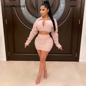 

ANJAMANOR 2 Piece Sets Womens Fashion 2020 Fall Sexy Club Outfits Pleated Long Sleeve Button Up Crop Top and Skirt D57-DD33