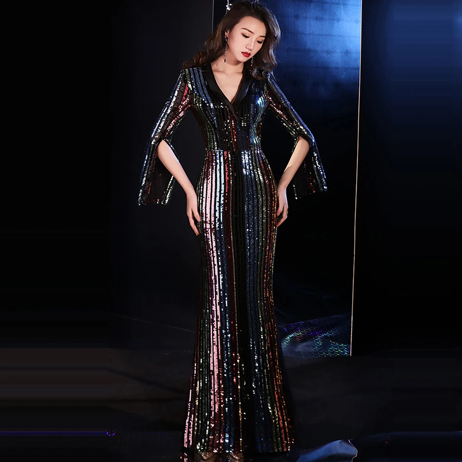 

Evening Dress 2019 Elegant V-Neck Mermaid Women Party Dresses E810 Half Sleeve Formal Gown Sequin Floor-Length Robe De Soiree