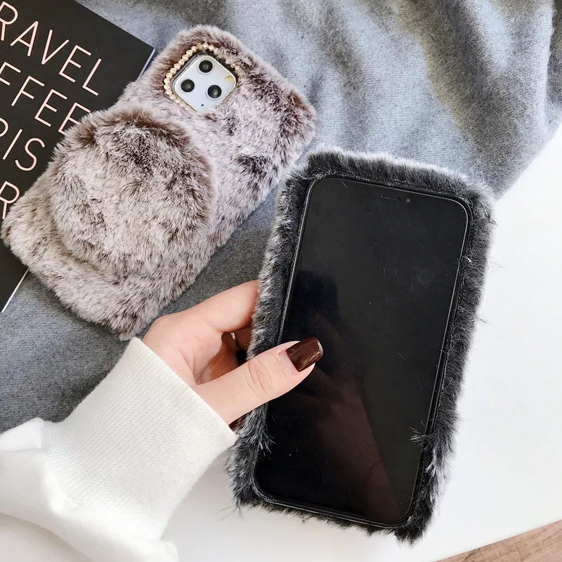 Abmos чехол для телефона плюшевый кронштейн для iPhone X XS MAX XR теплый чехол для мобильного телефона зимой для iPhone 6S 7 8 Plus 11 pro max