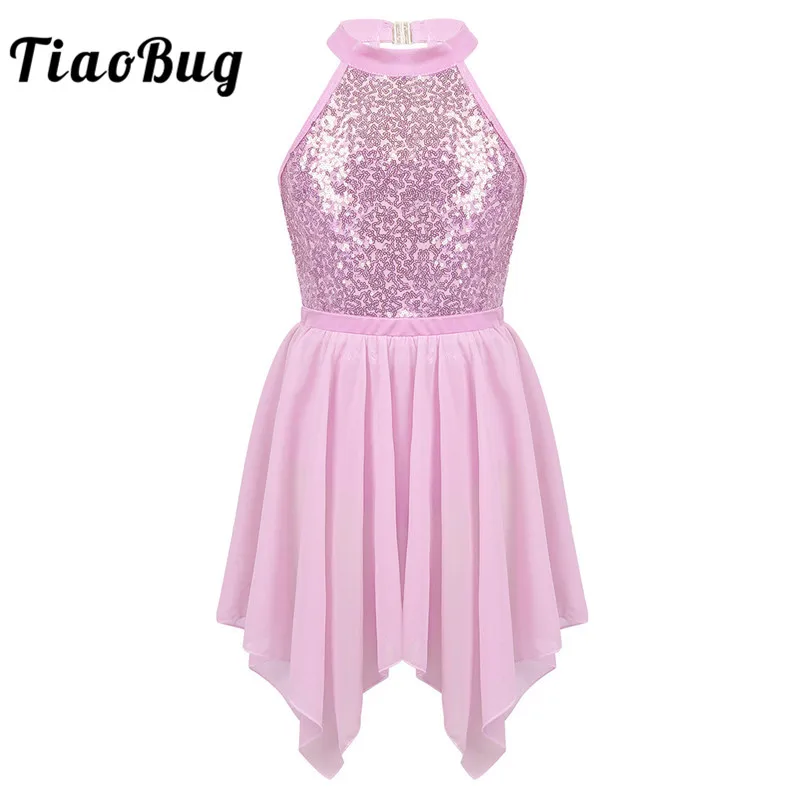 

TiaoBug Kids Sequins Gymnastics Leotard with Chiffon Tutu Ballet Skirt Set Girls Figure Skating Dress Lyrical Dance Costumes