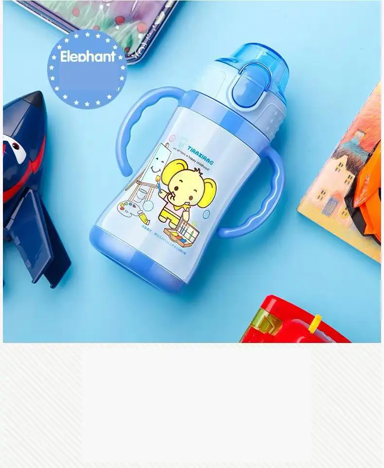 Модная бутылка-термос с животными из мультфильмов для детей и школьников, чашка для малышей с соломинкой, герметичная колба - Цвет: Blue Elephant