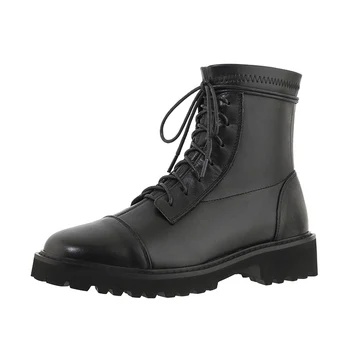 

Quality Genuine Leather lace up low heels Ladies Boots Thick Heels Pumps Winter Fashion Party Basic Shoes Woman